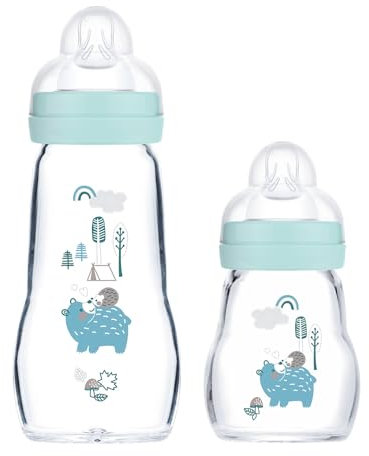 MAM Biberons en verre pour bébé, lot de 2, Feel Good dès la naissance, 170 ml et 260 ml, biberon en verre, bleu
