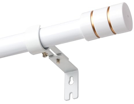 Bastone per tende allungabile bianco, 25 mm, adatto per tende ad alta resistenza, asta per tende da 66-222 cm, con staffe regolabili e tappi terminali bianchi e oro, per soggiorno, balcone, cucina