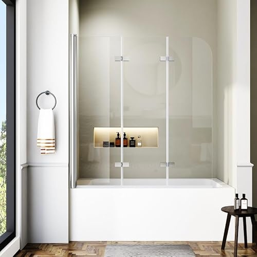 Foskbaths Bathtub Shower Door, 48 W x 55 H Foldable Hinged Bathtub Glass Door Semi-Frameless Bypass 1/4 Tempered Glass Shower Door with Explosion-Proof Film Stainless Steel Chrome