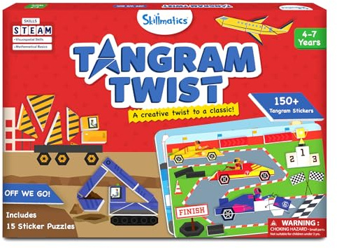 Skillmatics Actividad de arte y manualidades: Tangram Twist, vehículos, juguete de vapor, kits de manualidades, rompecabezas, actividad de bricolaje, arte adhesivo sin ensuciar, educativo para niños y