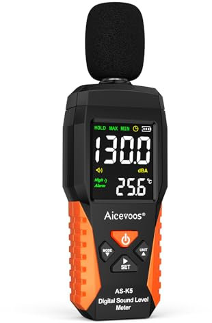 Aicevoos Sonometro, Medidor Decibelios, Ponderación A, Medidor Decibelios Homologado 30~130 dB Sonometro Homologado con alarmas acústicas y visuales, medición de ruido MAX/MIN