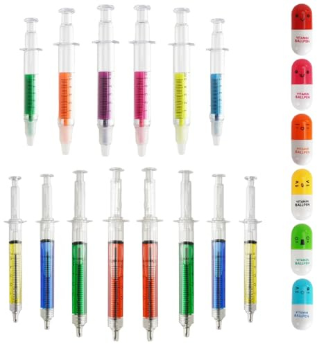 WATUNID 20 Pieces Syringe Ballpoint Pens, Retractable Fun Pill Pens Syringe, Cute Highlighters, Novelty Pen for Nurses, Black Fake Needle Pen, Nursing Student School Supplies and Party Favor Gifts