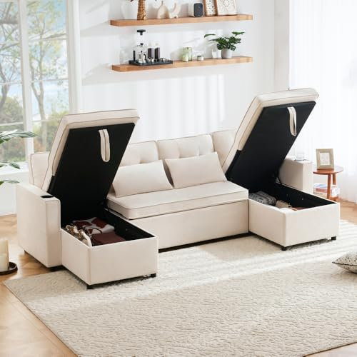 Seyakany - Divano letto con funzione letto imbottito, divano ad angolo convertibile 4 posti a U, per relax, tessuti in cotone e lino, con portabicchieri, due spazi portaoggetti (beige)