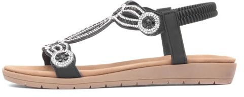 Lilley Womens Black Diamante Slip On T-Bar Sandal - Size 6 UK - Black