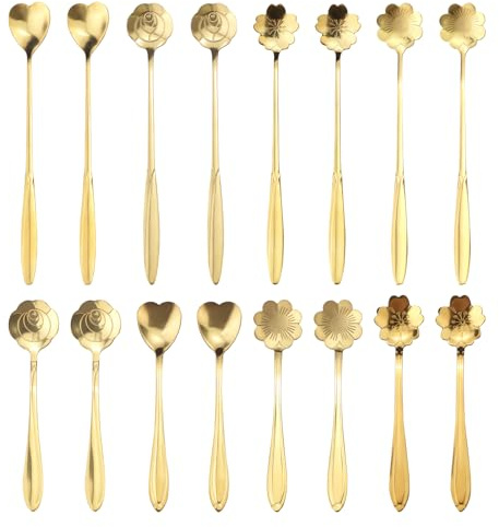 16 stycken gyllene kaffeskedar i rostfritt stål, espressosked, små blommiga dessertskedar på 12,5 och 17,5 cm, för att blanda te, socker och kakor (guld)