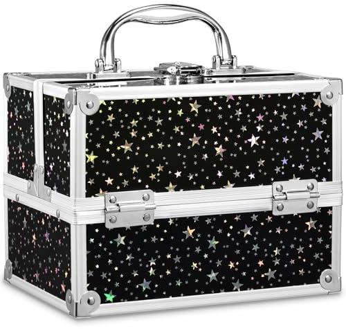 Frenessa Vanity Case Makeup Case Makeup Box Organiser 4 Trays Lockable Beauty Box Make up Organiser Storage, Black Star