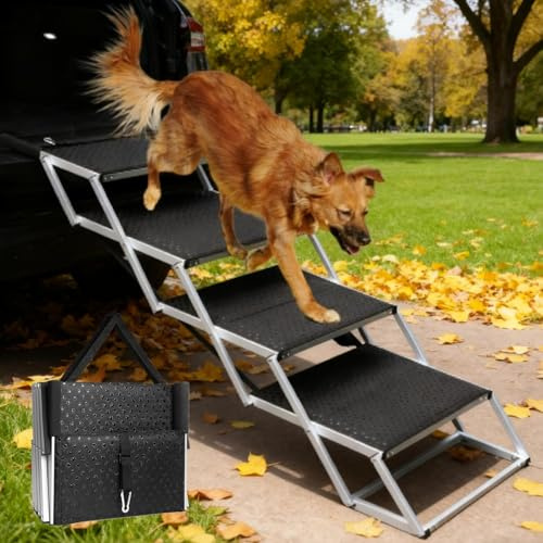 Storystore 4 Step Dog Ramp for Cars, Folding Dog Steps for Car Portable Pet Ramp for Large Dogs with Non Slip Surface, Aluminum Lightweight Pet Stairs for Car SUV Truck Bed Sofa, Supports up to 113KG