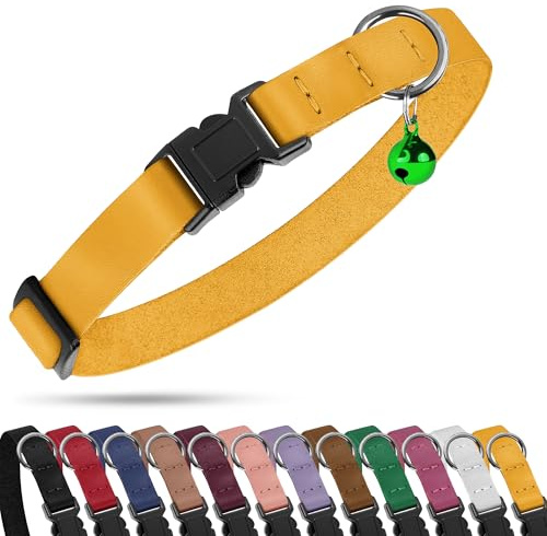 Breakaway Cat Collar with Bell - Leather Adjustable Kitten Collars with Safety Quick Release Buckle - Soft Small Pet Collars for Girl & Boy Cats (Yellow)