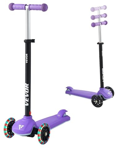 VEVOR Patinete 3 Ruedas, para Niños de 3 Años en Adelante, Ruedas Iluminadas, Manillar de Altura Ajustable, Base Antideslizante y Cuadro de Aluminio Ligero, hasta 75 kg, Morado, 520 x 250 x 800 mm