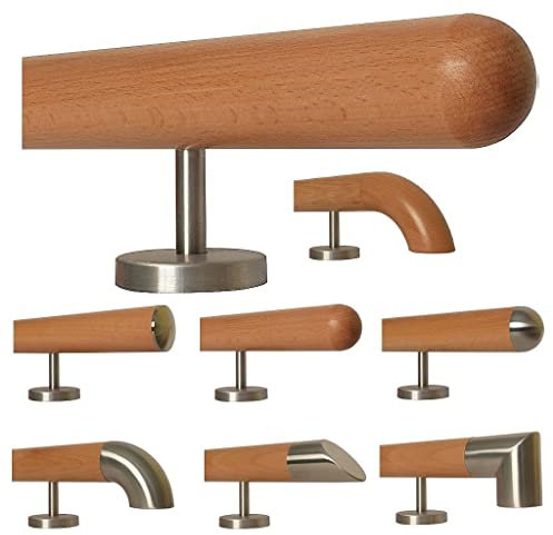 Buche Holz Treppe Handlauf Geländer Griff gerade Edelstahlhalter, Länge 30 - 500 cm aus einem Stück / zum Beispiel Länge 80 cm mit 2 gerade Halter - Enden = Halbkugel gefräst