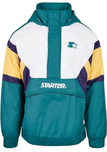 STARTER BLACK LABEL Chaqueta cortavientos para hombre Color Block Half Zip Retro, Verde retro, blanco, azul y amarillo, S