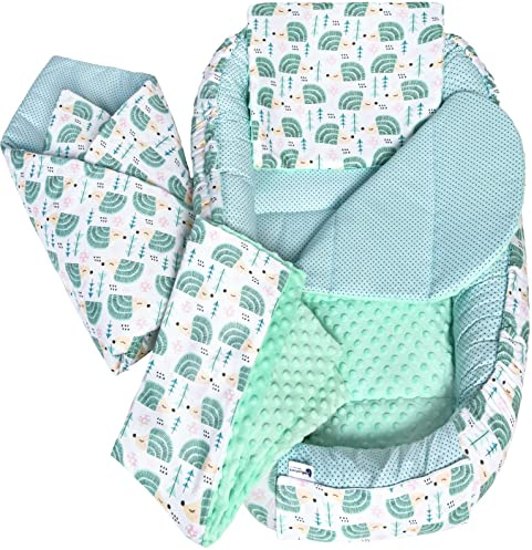 Medi Partners Juego de 5 Piezas Nido Bebé Recién 100x60x15cm Plantilla removible Cunas Nido para bebés Reductor de Cuna 100% Algodón (Erizo con Menta Minky)