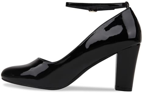 Bismaa Womens Unisex Buckle Ankle Strap Mid Block Heel Shoes Plus Size 9 10 11 12 (Black Patent, Numeric_11)
