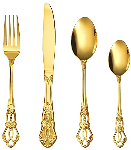 Gold Cutlery Set, 16 Piece Cutlery Set for 4 Retro Royal Knife and Fork Sets Mirror Polished Dishwasher Safe Vintage Spoons Cutlery for Home Banquet Catering