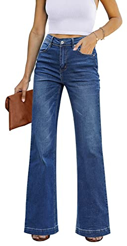 Roskiky Pantalones vaqueros elastizados de corte acampanado y cintura alta para mujer, vaqueros holgados de pierna ancha, azul oscuro, XL
