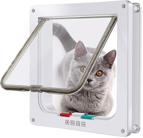 Moaobooh Puerta para gatos, 4 vías de bloqueo, puerta para mascotas (M, blanco)