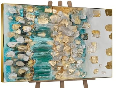 YS Quadro con cornice realizzato a mano Ritmo dell'infinito Pittura acrilica su tela сolore turchese brillante con macchie dorate Arte murale 180x120 cm