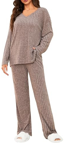 Tuopuda Ensemble Femme Chic et Elegant Pyjama à Manches Longue 2 Pièces Pantalon à Taille Élastique Haut Tricot Vêtement de Nuit Doux Vêtement d'Intérieur Sleepwear, Kaki, M