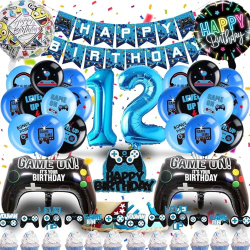 Betensh Décoration Garçon 12 Ans, Ballon Anniversaire Bleu, Déco Gateau, Enfant Ballon Bleu pour Gaming
