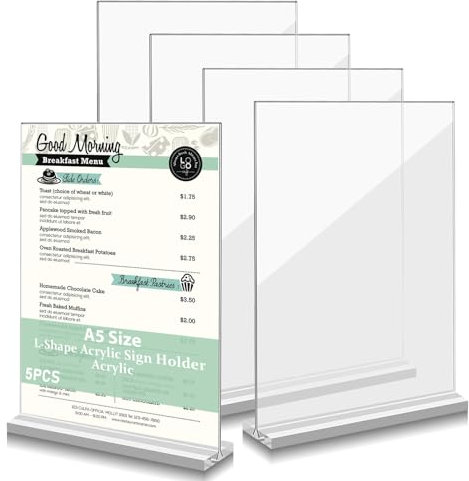 WEGREAT Espositore da tavolo in acrilico, formato A5, 5 pezzi, supporto per display in acrilico, per casa, ufficio, caffè, negozio, foto, ristorante, scuola, negozio, hotel