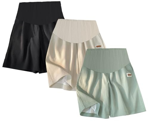 AOOPOO 3 Confezioni di Pantaloncini Denim maternità Donna, Pantaloncini di maternità Elasticizzati con Fascia per la Pancia per Pantaloncini Estivi per la Gravidanza Donna Jeans Corti di maternità