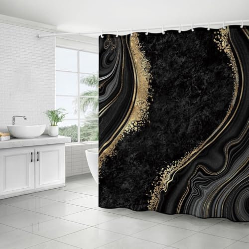FAIRYGATE Duschvorhang Schwarz Gold Duschvorhang Antischimmel Duschvorhäng 180x180 Badewanne Dusche Vorhänge mit Marmor Muster Wasserdicht für Badewanne mit 12 Duschvorhangringen B9012