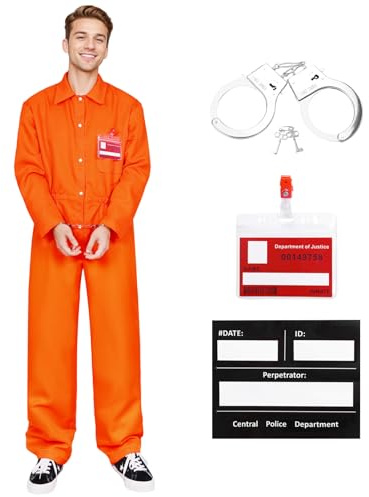 Ficlwigkis Costume de prisonnier, Déguisement de Prisonnier Orange avec Panneaux d'information et cartes de visite, Combinaison de prisonnier, Cosplay - Carnaval - Halloween (XL)