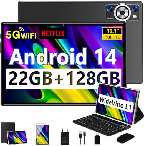 Tablet 10 Zoll Android 14 OS mit Tastatur, Octa-Core 2.0GHz, 5G+2.4G WLAN, 22GB RAM +128GB ROM/TF 1TB, 8000mAh, BT5.0, GPS, Widevine L1,Gesichtserkennung, 1280*800, 8+5MP, Tablet mit Maus, Schwarz