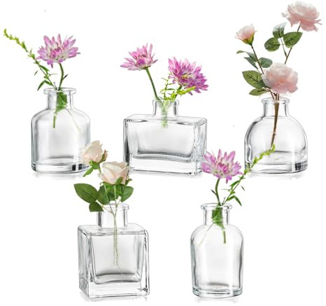 Hewory Glass Bud Vases for Flowers: 3cm (W) X 6cm (H) Mini Glass Vase Clear Small Vases for Table Decoration - 5pcs Assorted Mini Vase for Wedding Centrepiece Living Room Decor Home Party Birthday
