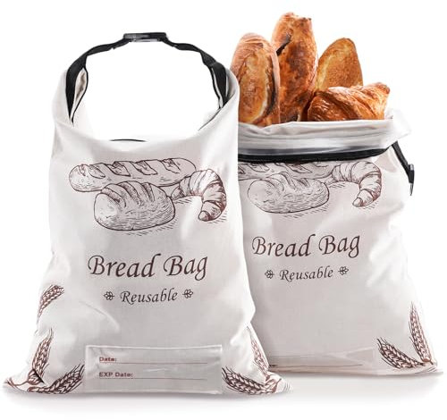 Puricon 2 Sacs à Pain Réutilisables en Lin et Coton avec Doublure TPU Zippé pour Pain Fait Maison 31.5 * 42cm, Sachets Conservation de Pain au Levain de Grande Capacité avec Étiquette de Suivi