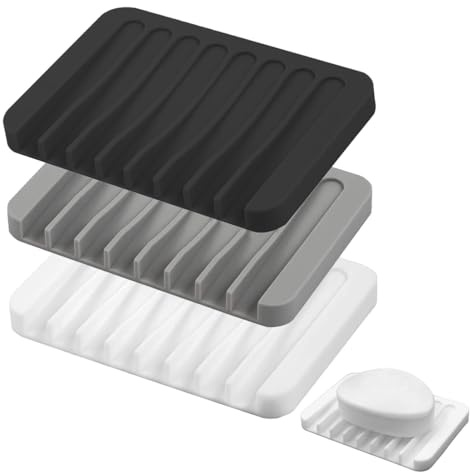 LONZIKP 3 Pièces Porte-Savon en Silicone avec Écoulement, Support de Savon en Silicone pour Salle de Bain Douche, Design Antidérapant, Ablocage de Savon pour Cuisine Évier (Blanc, Noir, Gris)