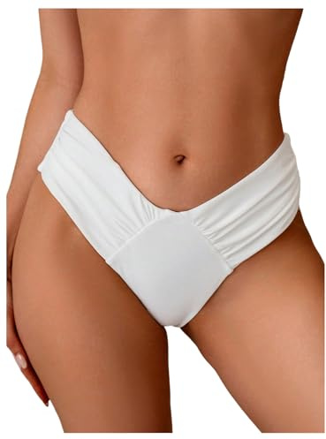 GORGLITTER Women's V Cut High Waist Hipster Bikini Bottoms Ruched Stretchy Sexy Swimsuit Bottom White Medium