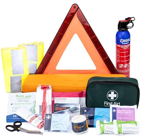 Premium Breakdown First Aid Kit - Fire Extinguisher, Warning Triangle, Torch, First Aid Kit, Alcohol Test and More for Cars, Breakdown Travel.