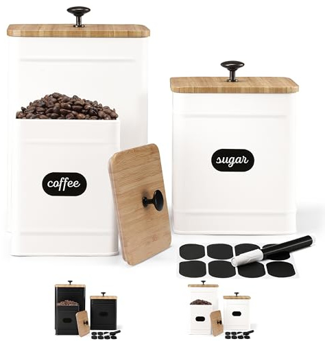 PERFNIQUE Kitchen Canisters for Countertop Set of 3, Airtight Canisters Sets for the Kitchen Counter with Lid, Metal Farmhouse Food Storage Containers Jars for Flour Sugar Coffee Tea Spice (White)