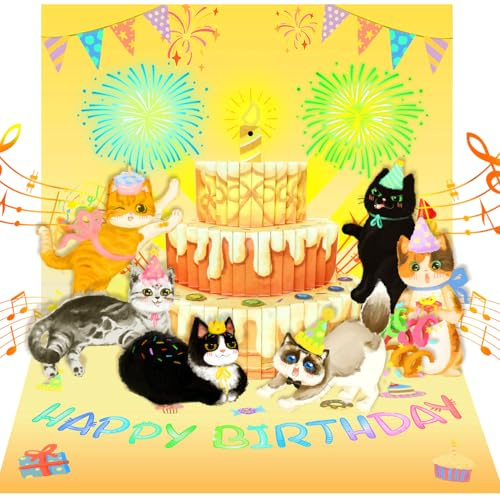 Aleture Birthday Cards, Cat MUSIC & LIGHTS & BLOWABLE CANDLE Funny 3D Pop up Happy Birthday Card, Birthday Gifts for Women Men Cat Lover Kids Wife Husband Sister Friends Meow Cat