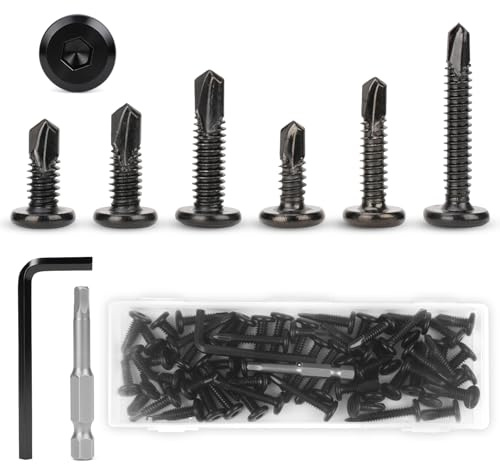 BATHRINS Juego 60 Tornillos Autorroscantes Negros M5.5 y M6.3-410 Acero Inoxidable Cabeza Plana Hexagonal Interior con Llave y Dado - Para Chapa Metálica