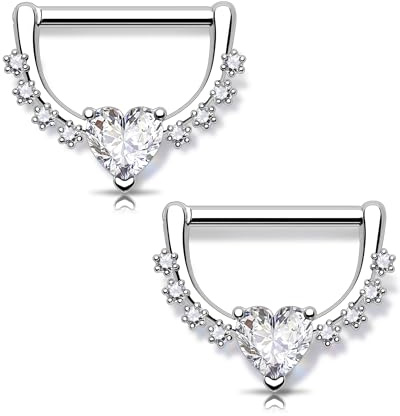 OUFER Heart Nipple Bars Set 14G Nipple Piercing Jewellery Stainless Steel with Clear Cubic Zirconias, 14 mm Elegant Nipplerings Clicker Design for Women Easy Wear