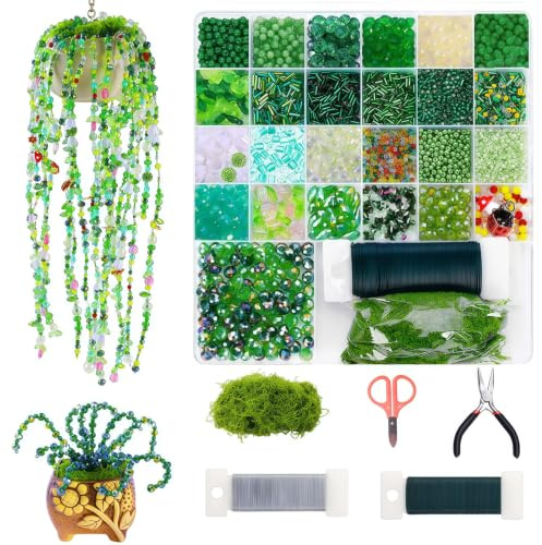 Bubaxuce 2700 Piezas Juego de Cuentas, Cuentas de Vidrio Verde, Cuentas Verdes Planta, Set de Cuentas DIY para Manualidades, Joyería Artesanal y Proyectos Creativos de Plantas
