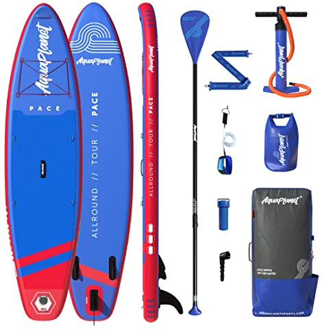 AQUAPLANET Kit Stand Up Paddle Gonflable - Pace I 320 cm I Idéal pour débutants et Experts en Sup I Comprend Aileron, Pagaie, Pompe, Kit Réparation, Sac à Dos, Leash, Sac Étanche, Sangle Transport