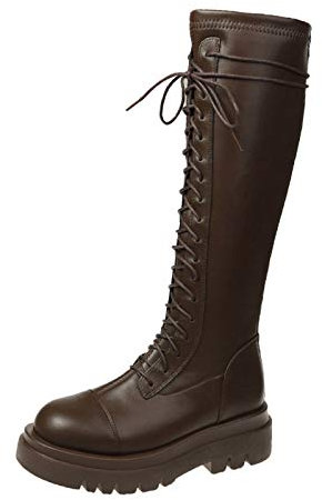 Stivale Donna al Ginocchio Tacco Basso di Pelle Stringati Stivaletti Alti Inverno Militare Biker Anfibi A metà Polpaccio Stivali,Marrone,36 EU