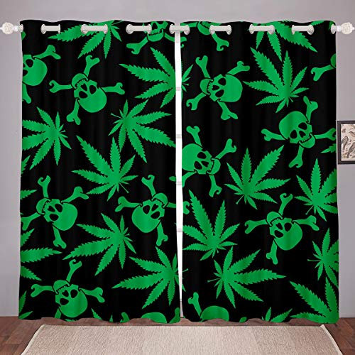 Cortinas de Ventana de Hojas de Marihuana, Cortinas de Ventana de Hojas de Cannabis,r,Lindas Cortinas de Esqueleto de Calavera, Elegante cáñamo verdetratamientos de Ventana, W46 x L72
