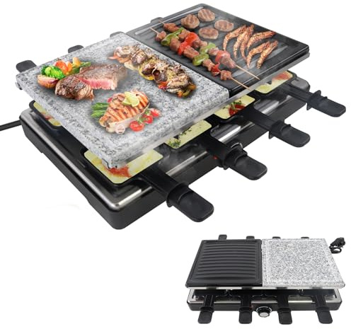 Froadp Griglia per raclette con pietra naturale e piastra per barbecue, rivestimento antiaderente, elettrica, 8 padelle e spatola in legno, temperatura regolabile, per interni ed esterni, 1400 W