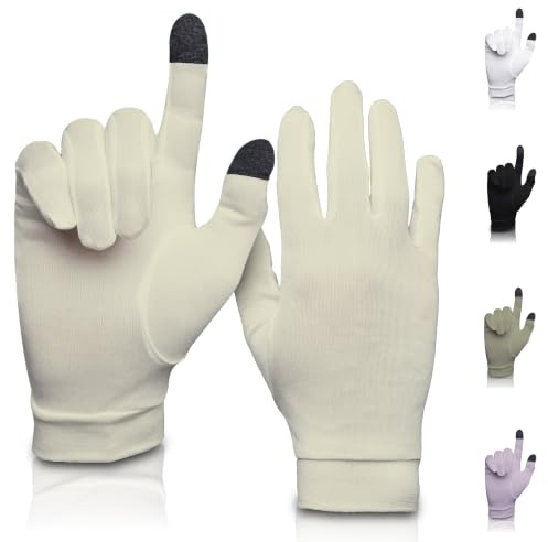 Rent silkeshandske foder | mjuka och bekväma | inre termiska handskar | naturliga kläder | unisex | tvättpåse ingår, Grädde, M