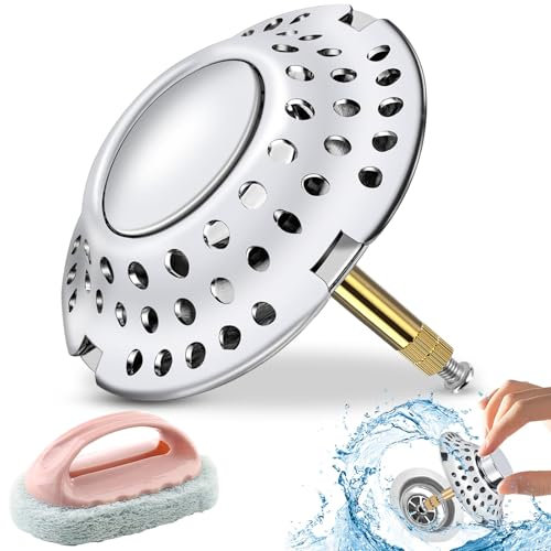 SDwfxd 1 Pcs Bouchon de Baignoire 2 en 1, 72 mm en Laiton Réglable en Hauteur Filtre à Cheveux, avec 1 Pcs Brosse, Filtre de vidange de Baignoire, Inoxydable
