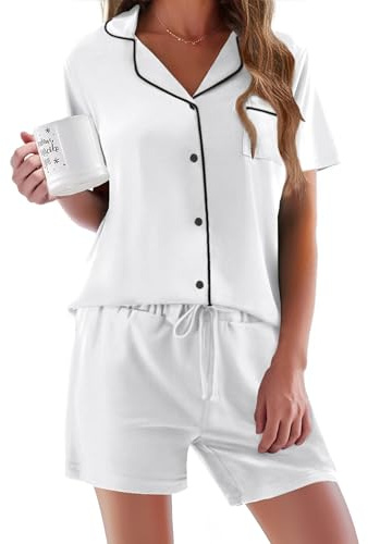 Ekouaer Pigiama Corto da Donna Set Pigiama Camicia con Bottoni sul Bavero Comodo Pantaloni Casa Magliette e Camicette e Pantaloncini da Notte Negligee,Bianco,S