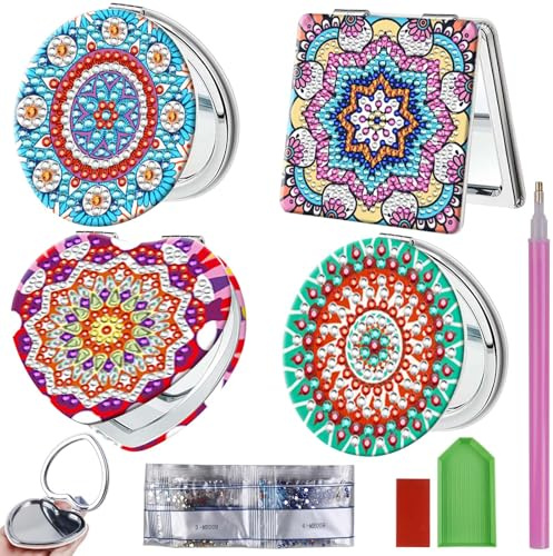 4 espejos de bolsillo para pintura de diamantes 5D, espejo de bolsillo, espejo de viaje personalizado, plegable, juego de espejos de diamantes compactos para niñas y mujeres