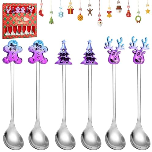 6 Pcs Cucchiaio di Natale, cucchiaino da caffè di Natale, set di cucchiai di Natale, cucchiaio di alce in acciaio inossidabile, cucchiaio da caffè di alce, cucchiaio da dessert di Natale（argento）