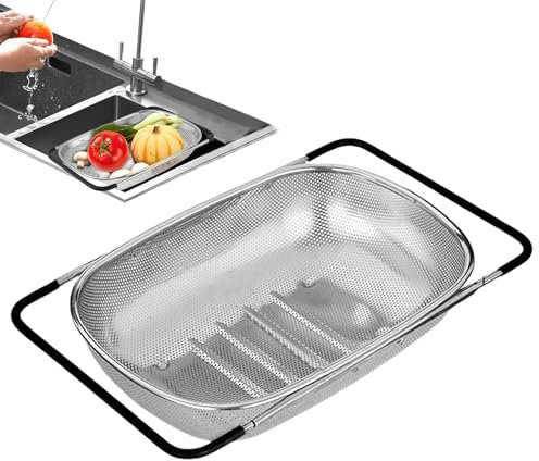 Sikt över diskbänken, sil över diskbänken | Utbyggbar sil av rostfritt stål med handtag | finmaskig diskhosil, stor sil, silkorg för att dra av och skölja kokta