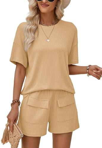 Rayson Completo Donna Estivo 2 Pezzi Casual Set Pantaloncini con Tasche e Maniche Corte Elegante Girocollo Abbigliamento Sportivo(Kaki,L)