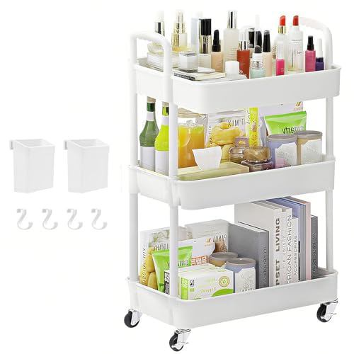 Houbobo Storage Trolley on Wheels, 3-Tier Rolling Cart, Plastic Utility Cart - Easy Assembly, Storage Organizer for Kitchen Office Bathroom Laundry Room (White)